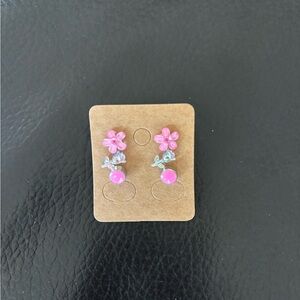 Pink Flower and Iridescent Rose Stud Earring Set